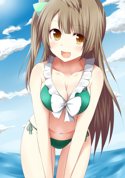 Anime picture 1500x2121 with love live! school idol project sunrise (studio) love live! minami kotori fujisaki kyouya single long hair tall image looking at viewer blush light erotic brown hair brown eyes sky cleavage cloud (clouds) sunlight one side up girl swimsuit