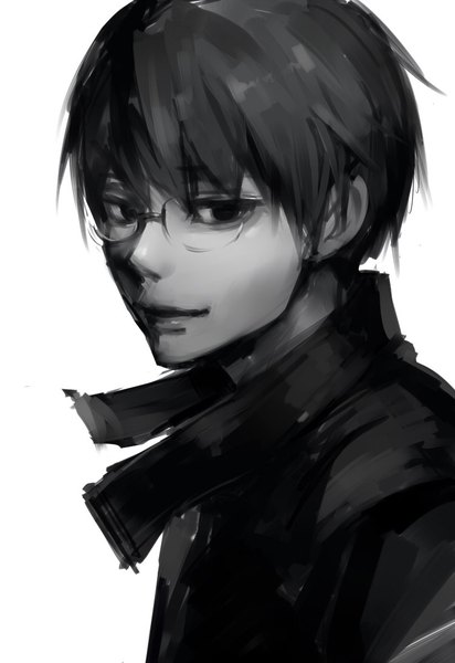 Anime picture 750x1090 with tokyo ghoul studio pierrot shiromi (ringo) single tall image short hair black hair simple background smile white background looking away lips black eyes monochrome boy glasses