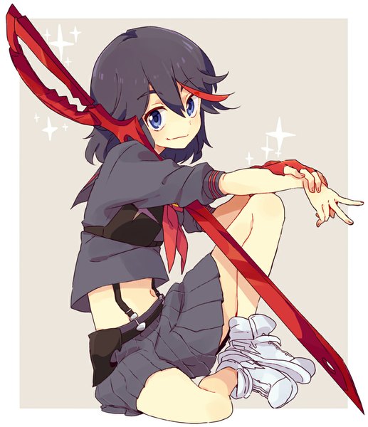Anime picture 862x1000 with kill la kill studio trigger matoi ryuuko ebo single tall image looking at viewer blush fringe short hair blue eyes black hair smile sitting red hair pleated skirt multicolored hair two-tone hair streaked hair crossed legs