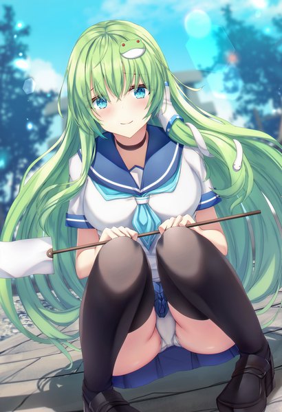 Anime picture 2100x3070 with touhou kochiya sanae liya single long hair tall image looking at viewer blush fringe highres breasts blue eyes light erotic smile hair between eyes large breasts payot sky bent knee (knees) outdoors