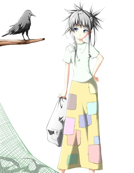 Anime picture 843x1091 with original noppi (noppi 98) single long hair tall image blue eyes simple background white background looking away grey hair hand on hip girl skirt animal bird (birds) t-shirt