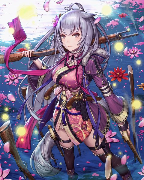 Anime picture 800x1000 with original remana single long hair tall image looking at viewer blush standing holding animal ears payot silver hair ahoge outdoors tail long sleeves traditional clothes japanese clothes animal tail hair flower