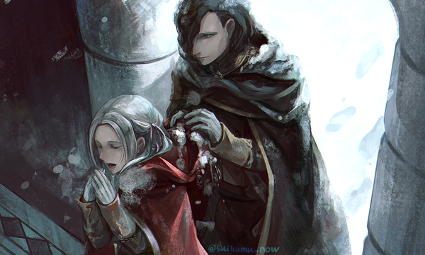 Anime picture 900x540 with fire emblem fire emblem: three houses nintendo edelgard von hresvelg hubert von vestra suikomu now long hair fringe short hair open mouth black hair wide image standing signed looking away silver hair eyes closed from above hair over one eye twitter username