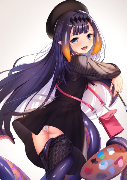 Anime picture 868x1228 with virtual youtuber hololive hololive english ninomae ina'nis ninomae ina'nis (2nd costume) yan (nicknikg) single long hair tall image fringe open mouth blue eyes light erotic simple background animal ears purple hair ass blunt bangs :d looking back