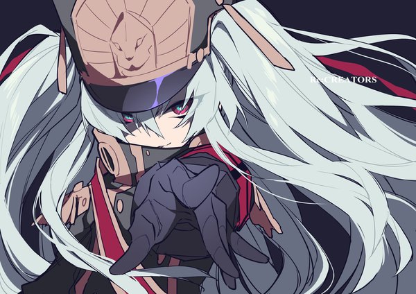 Anime picture 2046x1447 with re:creators altair (re:creators) mochizuki kei single long hair looking at viewer fringe highres blue eyes smile hair between eyes red eyes twintails silver hair upper body very long hair copyright name outstretched hand multicolored eyes military