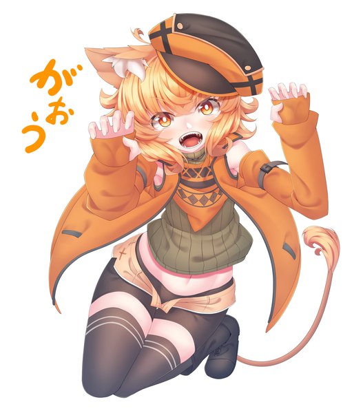 Anime picture 2000x2279 with original million (kzy090) kzy090 tall image looking at viewer highres short hair open mouth simple background white background animal ears ahoge tail long sleeves animal tail cat ears orange hair open jacket teeth orange eyes