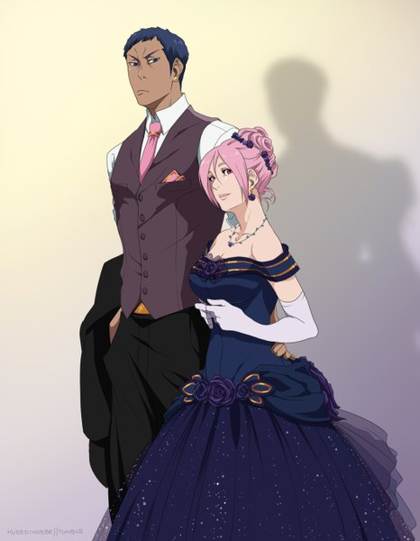 Anime picture 1054x1356 with kuroko no basket production i.g aomine daiki momoi satsuki hubedihubbe long hair tall image looking at viewer short hair blue eyes smile red eyes standing bare shoulders blue hair pink hair hand in pocket girl dress boy
