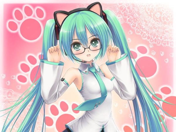 Anime picture 1600x1200 with vocaloid hatsune miku norita single long hair open mouth twintails green eyes animal ears green hair cat ears loli girl detached sleeves glasses necktie