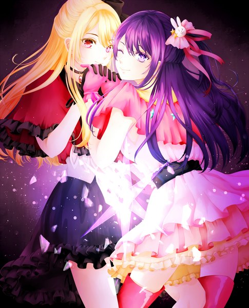 Anime picture 1200x1485 with oshi no ko hoshino ai (oshi no ko) hoshino ruby take ame long hair tall image looking at viewer blonde hair smile red eyes purple eyes multiple girls purple hair one eye closed wink one side up holding hands interlocked fingers mother and daughter time paradox
