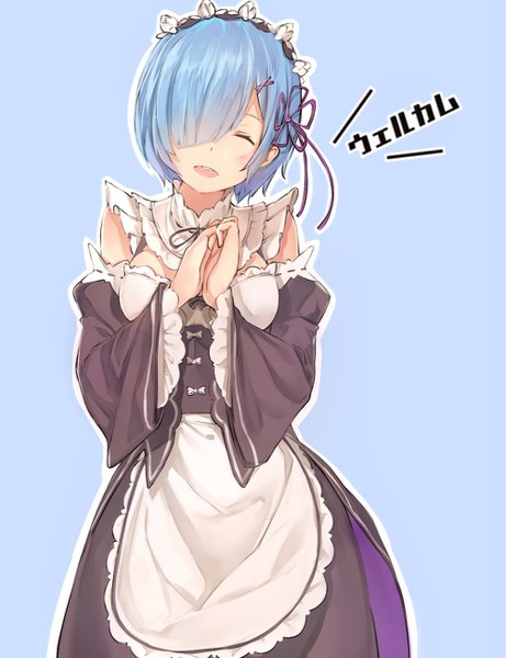 Anime picture 1000x1300 with re:zero kara hajimeru isekai seikatsu white fox rem (re:zero) silver (chenwen) single tall image blush fringe short hair breasts open mouth simple background standing blue hair head tilt hair over one eye inscription wide sleeves blue background hands clasped