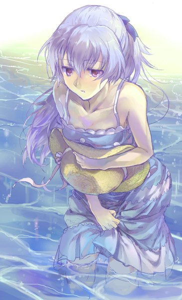 Anime picture 964x1583 with darker than black studio bones yin (darker than black) motiko single long hair tall image open mouth purple eyes bare shoulders looking away purple hair ponytail from above girl dress ribbon (ribbons) hat water purple dress