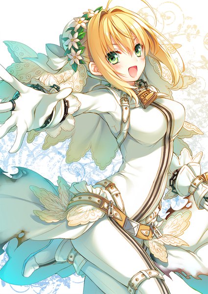 Anime picture 752x1062 with fate (series) fate/extra fate/extra ccc nero claudius (fate) (all) nero claudius (fate) nero claudius (bride) (fate) toosaka asagi single tall image looking at viewer blush fringe short hair breasts open mouth blonde hair smile hair between eyes green eyes ahoge