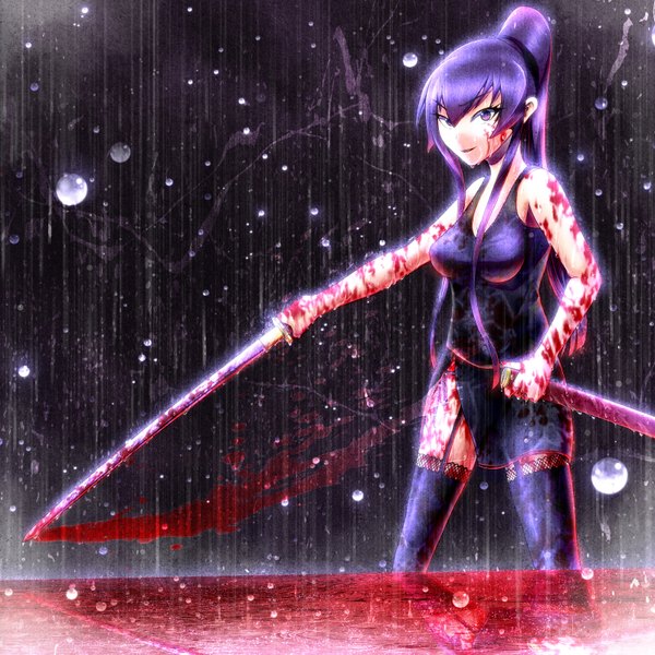 Anime picture 1600x1600 with highschool of the dead madhouse busujima saeko sai-caster (artist) single long hair looking at viewer purple eyes bare shoulders purple hair ponytail light smile rain girl thighhighs dress weapon sword katana blood