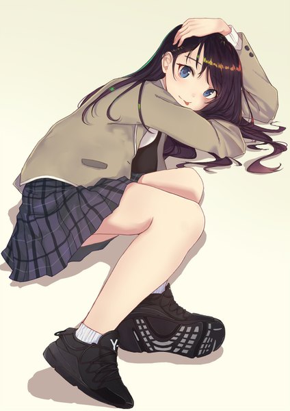 Anime picture 904x1280 with original y-3 itachi kanade single long hair tall image looking at viewer blue eyes simple background brown hair lying shadow on side hand on head :p girl skirt uniform school uniform shoes