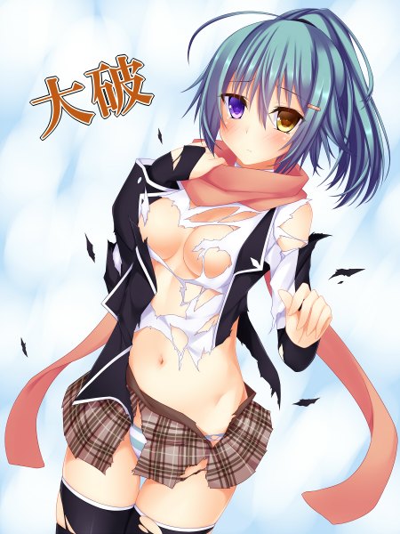 Anime picture 900x1200 with original rebecca arcane suterii single tall image looking at viewer blush short hair breasts light erotic blue hair heterochromia torn clothes girl thighhighs navel black thighhighs scarf