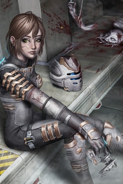 Anime picture 1130x1680 with dead space daniel oldenburg tall image short hair brown hair sitting green eyes guro girl weapon armor blood helmet monster spacesuit necromorph