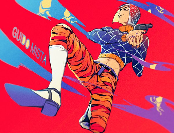 Anime picture 812x620 with jojo no kimyou na bouken guido mista sex pistols (stand) mizudama single looking away full body nail polish midriff character names red background animal print tiger print stand (jojo) boy weapon gun sweater cap revolver