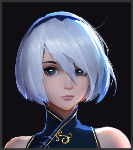Anime picture 724x811 with nier nier:automata yorha no. 2 type b pauld single tall image looking at viewer fringe short hair blue eyes simple background hair between eyes bare shoulders white hair traditional clothes lips alternate costume border black background portrait
