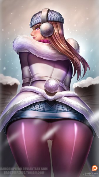 Anime picture 750x1334 with league of legends syndra badcompzero single long hair tall image blush light erotic brown hair purple eyes ass looking back light smile girl cap winter clothes earmuffs
