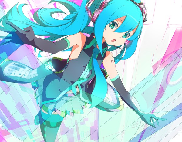 Anime picture 1200x938 with vocaloid hatsune miku amder open mouth twintails bare shoulders very long hair aqua eyes aqua hair girl thighhighs skirt gloves black thighhighs miniskirt necktie elbow gloves