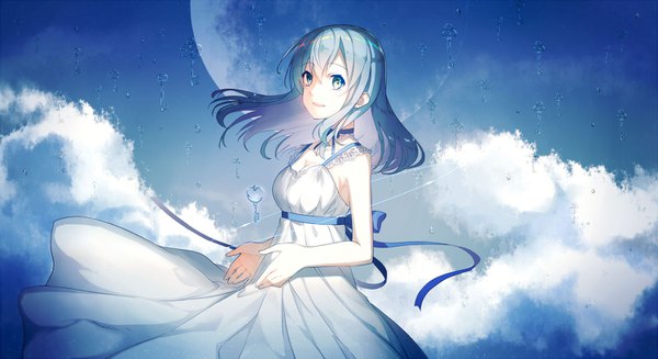 Anime picture 1500x818 with vocaloid hatsune miku akami fumio single long hair looking at viewer fringe blue eyes smile hair between eyes wide image blue hair sky cloud (clouds) wind alternate hairstyle girl dress ribbon (ribbons) white dress