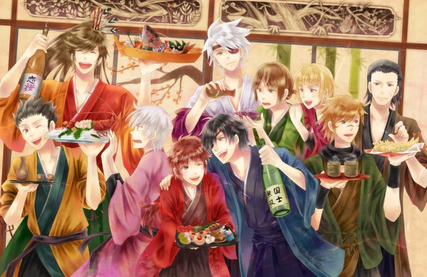 Anime picture 1850x1200 with sengoku basara production i.g tagme (character) date masamune sanada yukimura motochika chousokabe mitsunari ishida motonari mouri tokugawa ieyasu sarutobi sasuke katakura kojuurou maeda keiji mamipo (pixiv) highres short hair black hair blonde hair brown hair white hair red hair