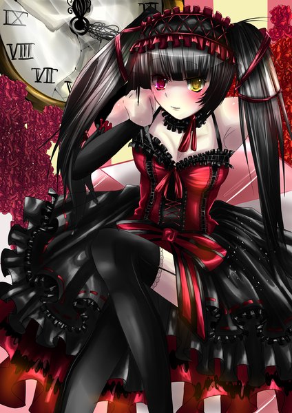 Anime picture 2480x3507 with date a live tokisaki kurumi tagme (artist) single long hair tall image blush highres black hair twintails bare shoulders heterochromia lolita fashion girl thighhighs dress black thighhighs garter straps clock