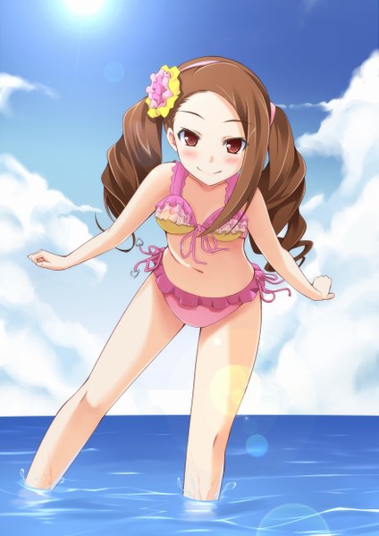 Anime picture 1753x2480 with idolmaster minase iori srs (artist) single long hair tall image highres smile red eyes brown hair twintails absurdres sky cloud (clouds) girl bow swimsuit hair bow bikini water