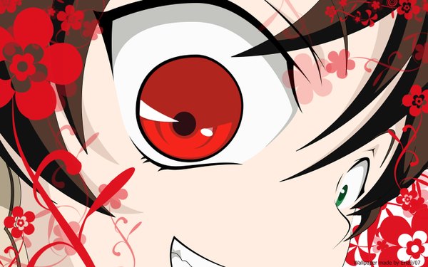 Anime picture 1440x900 with rozen maiden suiseiseki single looking at viewer fringe black hair red eyes wide image green eyes heterochromia close-up crazy smile crazy eyes girl flower (flowers)