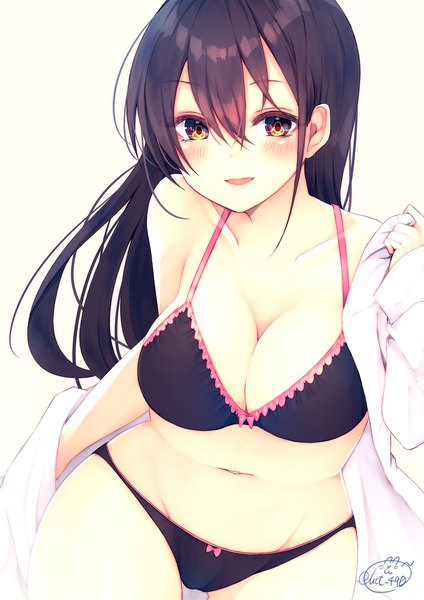 Anime picture 1414x2000 with original chita (ketchup) single long hair tall image looking at viewer blush fringe breasts open mouth light erotic black hair simple background hair between eyes large breasts bare shoulders signed yellow eyes cleavage open shirt