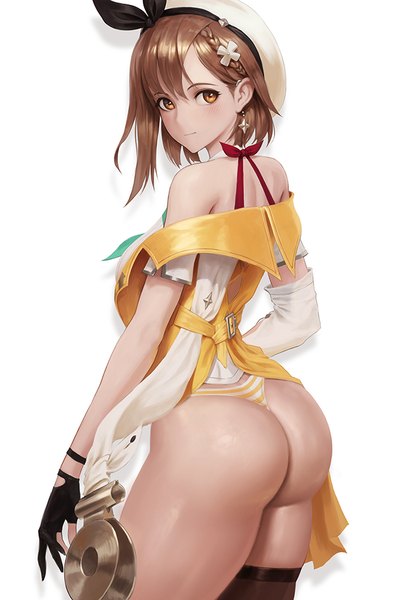 Anime picture 679x1000 with atelier (series) atelier ryza gust (company) reisalin stout nuker (nukerdraws) single tall image looking at viewer blush fringe short hair light erotic simple background brown hair standing white background bare shoulders brown eyes ass braid (braids)