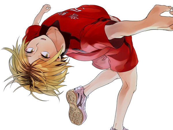 Anime picture 1600x1200 with haikyuu!! production i.g kozume kenma maguro (ma-glo) single short hair open mouth blonde hair simple background white background yellow eyes looking away fingernails playing sports boy uniform gym uniform