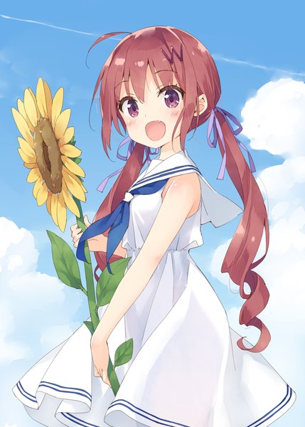 Anime picture 772x1080 with original hazuki watora kani biimu single long hair tall image blush fringe open mouth brown hair standing purple eyes twintails holding payot looking away sky cloud (clouds) ahoge outdoors