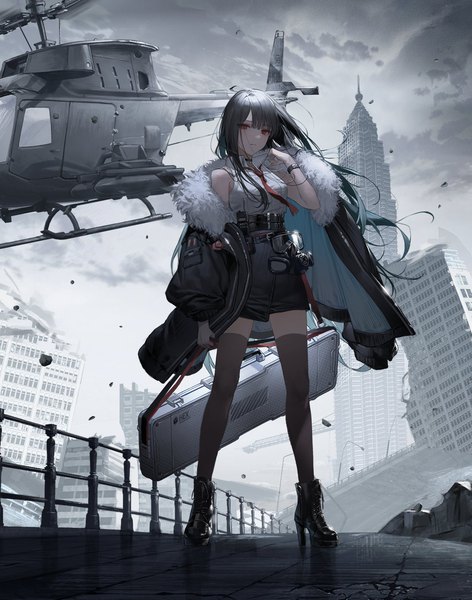 Anime picture 1179x1500 with original lentain single long hair tall image fringe breasts black hair red eyes holding sky cloud (clouds) full body outdoors blunt bangs long sleeves arm up wind open jacket puffy sleeves