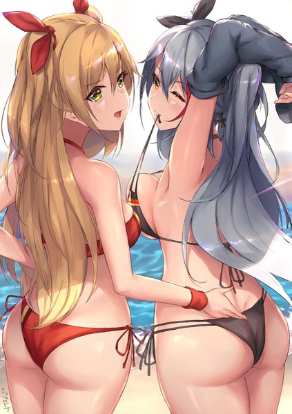 Anime picture 847x1200 with azur lane prinz eugen (azur lane) prinz eugen (unfading smile) (azur lane) admiral hipper (azur lane) parfaitlate long hair tall image blush fringe breasts open mouth light erotic blonde hair smile hair between eyes large breasts standing multiple girls holding green eyes