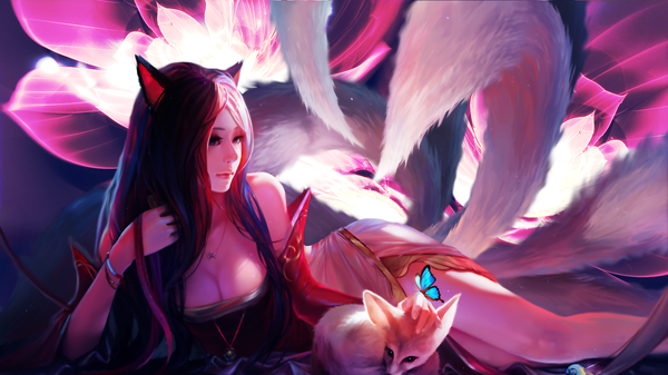 Anime picture 1920x1080 with league of legends ahri (league of legends) tekmon1980 single long hair highres breasts light erotic black hair wide image bare shoulders animal ears blue hair looking away tail animal tail multicolored hair two-tone hair bare legs fox ears