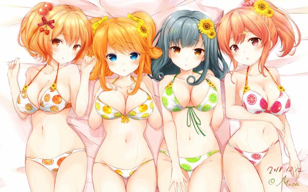 Anime picture 1920x1200 with girlfriend (kari) sakurai akane (girlfriend) tomura michiru sagara emi shinomiya risa masa (mirage77) looking at viewer blush fringe highres short hair breasts open mouth blue eyes light erotic hair between eyes red eyes brown hair large breasts bare shoulders