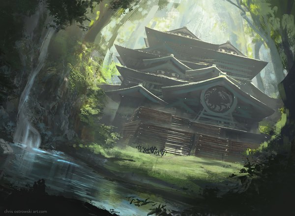 Anime picture 900x659 with original najtkriss (artist) sunlight no people river plant (plants) tree (trees) water grass roof japanese house