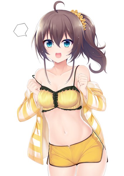 Anime picture 848x1200 with virtual youtuber hololive natsuiro matsuri natsuiro matsuri (matsuri's day off) aixioo single long hair tall image looking at viewer blush fringe breasts open mouth light erotic simple background smile hair between eyes brown hair standing white background