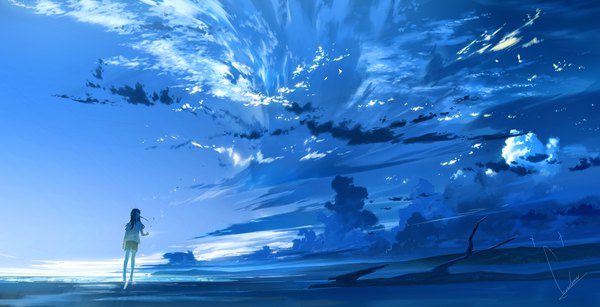 Anime picture 2400x1228 with original loundraw single long hair looking at viewer highres black hair wide image signed sky cloud (clouds) full body looking back wind short sleeves light blue background panorama girl animal