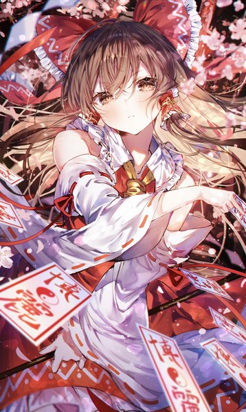 Anime picture 1954x3278 with touhou hakurei reimu noyu (noyu23386566) single long hair tall image looking at viewer blush fringe highres hair between eyes brown hair brown eyes traditional clothes japanese clothes cherry blossoms miko girl bow hair bow