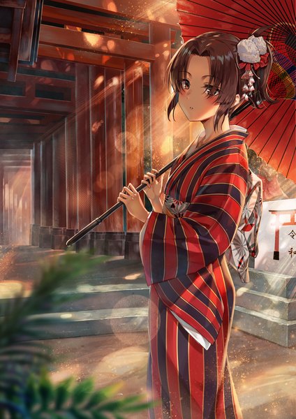 Anime picture 1000x1414 with original rainmaker single tall image looking at viewer blush fringe short hair brown hair standing holding brown eyes payot outdoors ponytail traditional clothes parted lips japanese clothes sunlight blurry