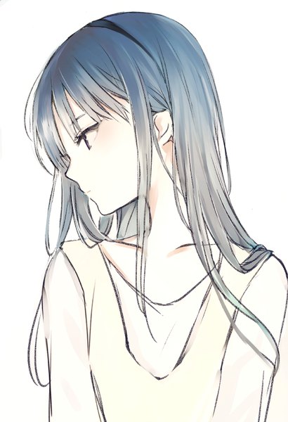 Anime picture 583x852 with original lpip single long hair tall image blush fringe simple background white background purple eyes blue hair looking away upper body expressionless hair over shoulder sketch girl hairband