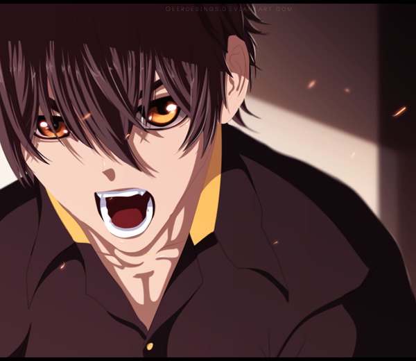 Anime picture 1000x868 with the breaker shi-woon yi igeerr single short hair open mouth brown hair sunlight orange eyes coloring portrait face screaming boy shirt wall black shirt