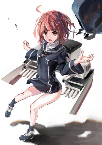 Anime picture 900x1273 with kantai collection z3 destroyer (max schultz) poi_exe single tall image looking at viewer fringe short hair open mouth brown hair standing brown eyes long sleeves from above shadow spread arms hat removed headwear removed girl weapon
