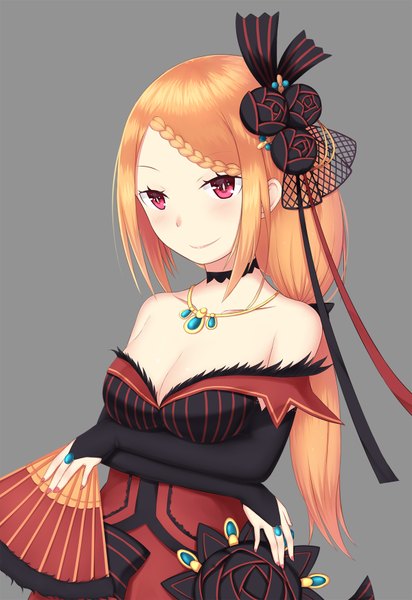 Anime picture 1200x1744 with re:zero kara hajimeru isekai seikatsu white fox priscilla barielle single long hair tall image looking at viewer blush breasts smile red eyes bare shoulders orange hair girl dress hair ornament pendant fan