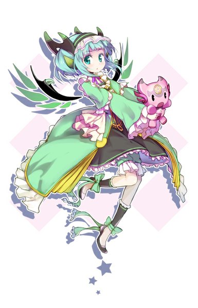 Anime picture 514x800 with puzzle & dragons astaroth (p&d) hong (white spider) single tall image blush short hair simple background white background green eyes bent knee (knees) aqua hair :o girl dress star (symbol) clothes