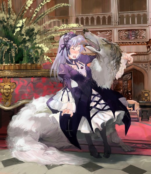 Anime picture 1500x1732 with rozen maiden suigintou moruga single long hair tall image purple hair eyes closed licking girl dress tongue dog