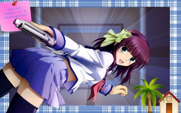 Anime picture 2560x1600 with angel beats! key (studio) nakamura yuri totani kento single highres wide image green eyes purple hair girl uniform school uniform gun pistol