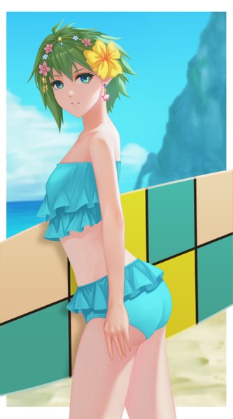 Anime picture 1500x2700 with macross macross delta reina prowler ousang single tall image looking at viewer short hair blue eyes hair flower green hair border outside border girl hair ornament flower (flowers) swimsuit hibiscus